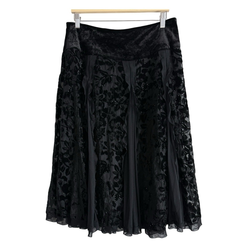 Basil & Maude Black Velvet Burnout Devore Panel Midi Skirt‎ Whimsigoth Y2K Sz 12